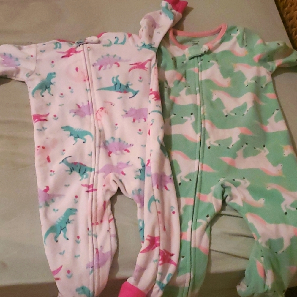 2 12M Carter's Footie Onesie Fleece Colorful Dinosaur Unicorn Winter Pajamas
